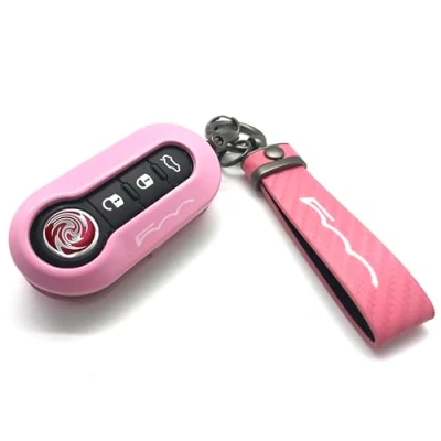 Abbildung von Nordecco Glänzend Schlüsselanhänger Hülle Kompatibel mit Fiat 500C 500 500L Abarth Grande Punto Brava Panda Stilo Linea (Rosa Schlüsselring, Rosa Hülle)