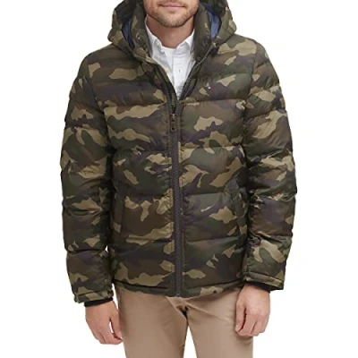 Abbildung von Tommy Hilfiger Herren Hooded Puffer Jacket Daunenalternativer Mantel, Camouflage Oliv, L