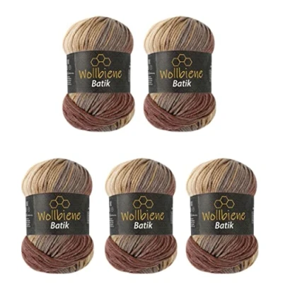 Abbildung von 5 x 100g Wollbiene Batik 500 Gramm Wolle mit Farbverlauf mehrfarbig Multicolor Strickwolle Häkelwolle (5020 braun beige)