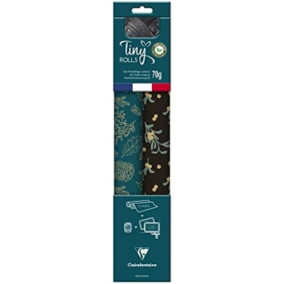 Abbildung von Clairefontaine 223889C Set Tiny Rolls, 2 Geschenkpapierrollen 5x0,35m, 70g + 1 Rolle Geschenkband 10 Geschenketiketten, Kraftpapier, schwarz/blau