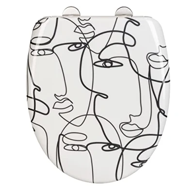 Abbildung von WENKO WC Sitz Faces, Premium Duroplast Design Toilettensitz mit Easy Close Absenkautomatik &amp; Fix Clip Hygiene Befestigung aus rostfreiem Edelstahl, antibakteriell kratzfest, 38 x 45 cm, Weiß/Schwarz
