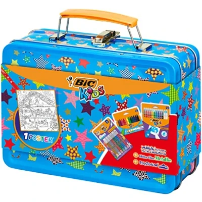 Abbildung von BIC Kids Stifte Set: 12 Magic Filzstifte, 6 Glitzerkleber, Ölmalkreiden und 1 Ausmal Poster in praktischem Malkoffer