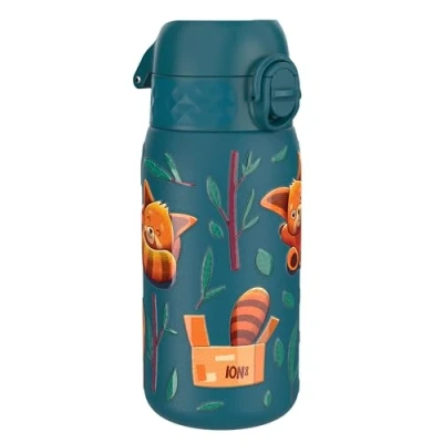Abbildung von Ion8 Kinder Trinkflasche, Edelstahl 400ml, Auslaufsicher, Einhandöffnung, Sichere Verriegelung, Spülmaschinenfest, Klappdeckel, Tragegriff, Leicht zu Reinigen, Langlebig &amp; Kratzfest, Rote Pandas