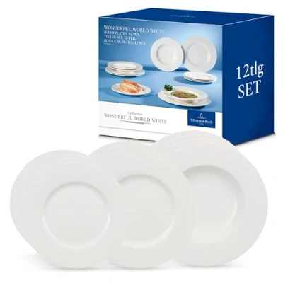 Abbildung von Villeroy &amp; Boch Wonderful World Dinner Set 12 teilig Weiß, Spülmaschinenfest, Mikrowellensicher, Teller, Geschirr, Porzellan, Speiseteller, Essteller, Set, Geschirrset Modern, Premium Porcelain