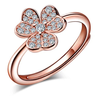 Abbildung von Yumilok Roségold 925 Sterling Silber Zirkonia Kleeblatt Offener Ring Trauringe Verlobungsring für Damen Mädchen, Größe 49 57 Verstellbar