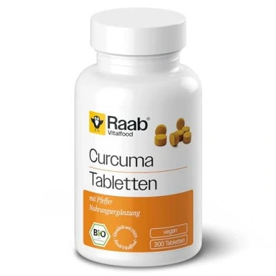 Abbildung von Raab Vitalfood Bio Curcuma Tabletten mit Piperin aus Pfeffer (300 Stück) I Curcumin Gehalt: 3900mg / 100g, (110mg 100g) Laborgeprüfte Qualität, vegan &amp; glutenfrei
