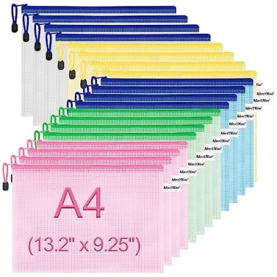 Abbildung von 20PCS A4 Zipper Tasche, MerryNine Dokumententasche, Netzstoff, mit Reißverschluss, DIN A4, 5 Farben