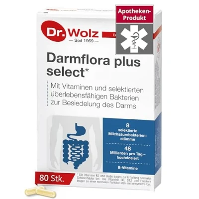 Abbildung von Darmflora plus select Dr. Wolz hochdosierte Bakterienkulturen 48 Mrd/Tag Vitamin B6 und B12, unterstützt gesunde Schleimhäute 8 Milchsäurebakterien Vegan 80 Kapseln Stück (1er Pack)