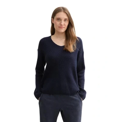 Abbildung von TOM TAILOR Damen RIPP Strickpullover mit V Ausschnitt, 10668 Sky Captain Blue, S