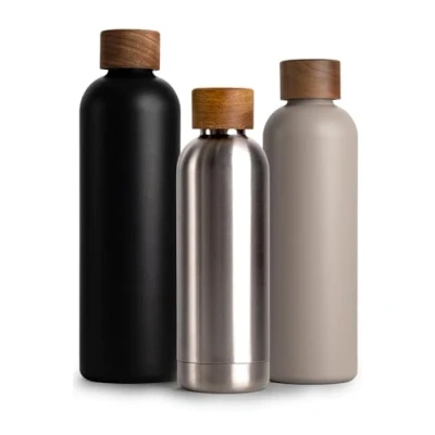 Abbildung von T&amp;N Edelstahl Trinkflasche 500ml, Thermosflasche 0.5l mit Akazienholz Deckel, Isolierte Wasserflasche auslaufsicher bei Kohlensäure, Isolierflasche 500 ml Silver