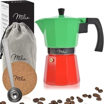 Abbildung von Milu Espressokocher (No Induktion) 2, 3, 6, 9 Tassen Aluminium Mokkakanne, Espressokanne, Espresso Maker Set inkl. Untersetzer, Löffel, Bürste (Italia, 3 (150ml)