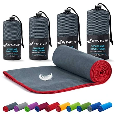 Abbildung von Fit Flip Mikrofaser Handtuch kompakt, leicht und schnelltrocknend Microfaser Handtücher als Reisehandtuch, Sporthandtuch, Strandtuch Badetuch groß (50x110cm, Dunkelgrau Rot)