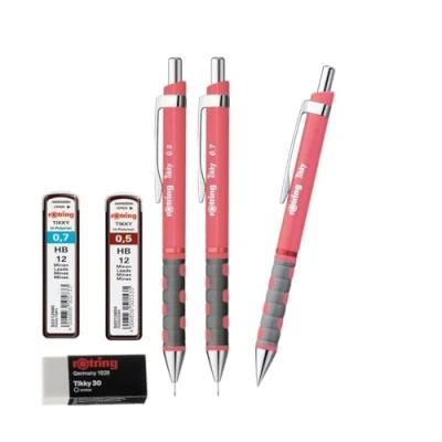 Abbildung von rOtring Tikky Bleistifte und Kugelschreiber, Nachfüllminen 0,7 mm, 0,5 Teerose, Radiergummi, 28 Stück