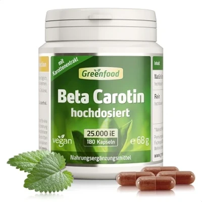 Abbildung von Beta Carotin, 25000 iE, extra hochdosiert, 180 Kapseln Vorstufe von Vitamin A. Gut für die Sehkraft, Schleimhäute und Knochen (Vit. A)