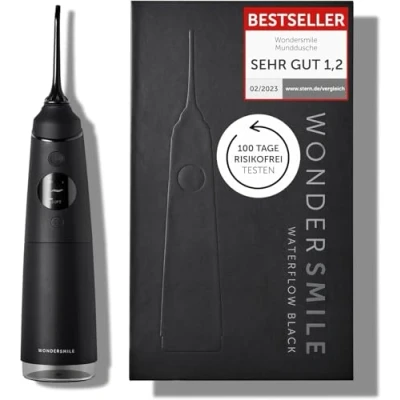 Abbildung von Wondersmile Munddusche PRO Testsieger 2024 100 Tage risikofrei testen SmoothFlow Technologie für optimale Zahn &amp; Zahnfleischpflege mit 5 Modi PowerAkku bis zu 30 Tagen Laufzeit