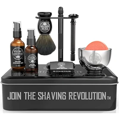 Abbildung von Viking Revolution Luxus Rasierset Für Manner Sicherheitsrasierer mit Doppelter Schneide, Ständer, Schale, After Shave Balsam, Pre Öl, Dachs Bürste, Rasierhobel Herren Geschenke Männer