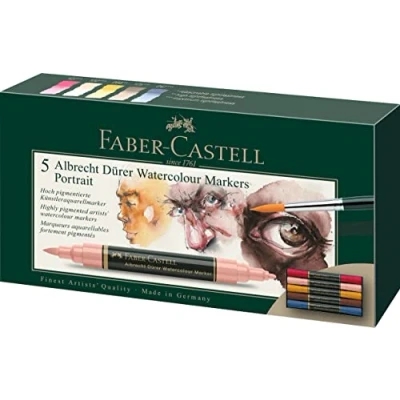 Abbildung von FABER CASTELL 160307 Aquarellmarker Albrecht Dürer mit Doppelspitze für flächigen und präzisen Farbauftrag, 5er Etui, Portrait, bunt