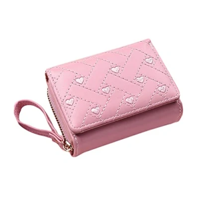 Abbildung von Kleine Geldbörse für Damen Gesticktem Herz Portemonnaie Dreifach Kartenhalter Mädchen Brieftasche Rosa