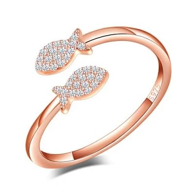 Abbildung von Yumilok Damenring Doppel Fisch Zirkonia Ring Ehering Verlobungsring Freundschaftsring Lifestyle 925 Sterling Silber verstellbar Rosegold