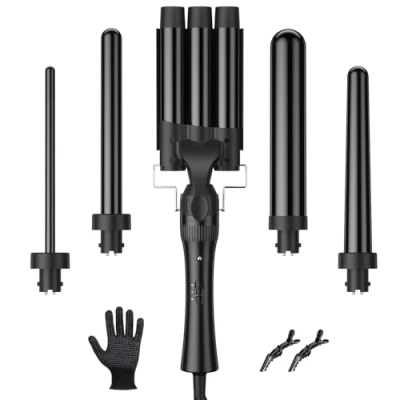 Abbildung von ELETHOT Store Lockenstab 5 in 1 Lcd Keramikbeschichtung 3 Fässer Welleisen 1032 mm Zubehörteile Automatisch Multifunktional mit Handschuhen 2 Clips