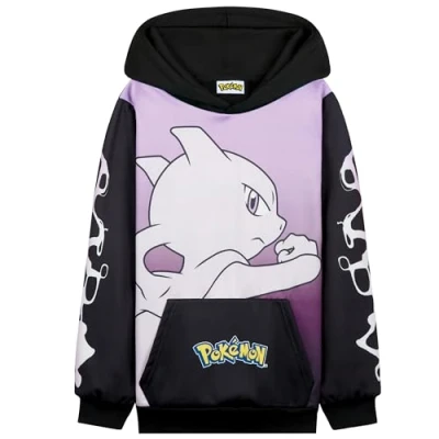 Abbildung von Pokemon Hoodie Jungen, Warmer Kapuzenpullover mit Bündchen &amp; Kängurutasche Pikachu Geschenke für Jungs (Schwarz/Rosa Mewtu, 5 6 Jahre)
