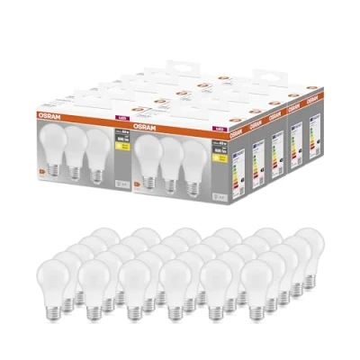 Abbildung von OSRAM BASE CLASSIC A 60 FR LED Lampe mit Sockel E27, Kolbenform, 3er Pack, 8,5W, 806lm, 2700K, warmweißes Licht, geringere Wärmeentwicklung, sehr geringer Energieverbrauch, lange Lebensdauer,30 Pack