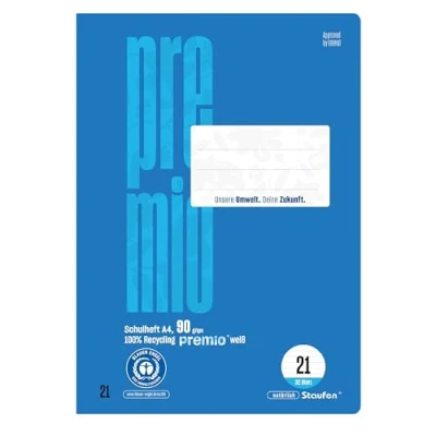 Abbildung von Staufen premio Schulheft 2 Hefte je 32 Blatt, DIN A4, Lineatur 21 (9mm liniert), 90 g/m² Recyclingpapier, runde Ecken verhindern „Eselsohren“
