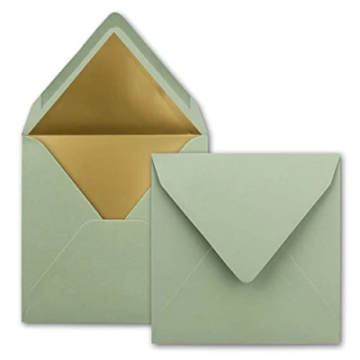 Abbildung von 50 quadratische Brief Umschläge 15,5 x cm, Eukalyptus (Grün) mit Gold Papier gefüttert Nassklebung FarbenFroh by GUSTAV NEUSER