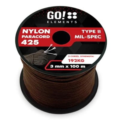 Abbildung von GO!elements 100m Paracord Seil aus reißfestem Nylon 3mm 425 Typ II max. 192kg Schnüre als Outdoor Seil, Allzweckseil, Survival Armband, Hundeleine, Nylonschnur, Farbe: Braun