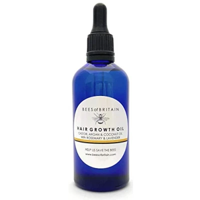 Abbildung von 100% Natürlich HAARWACHSTUM ÖL RIZIN, ARGAN, KOKOSNUSS + ROSMARIN &amp; LAVENDEL 100 ml von BEES of BRITAIN. Zur Förderung des Haarwuchses.Wir Spenden 5% Gewinns, um Bienen und Bestäuber zu Retten