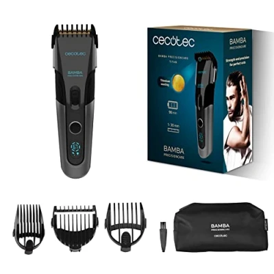Abbildung von Cecotec Haarschneider Bamba PrecisionCare Titan. Titanbeschichtete Klinge, 90 Min. Autonomie, bis zu 30 mm, kabellos, 3 Führungskämme, Display, Wartungsalarm, Sperrfunktion.