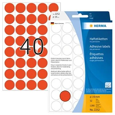 Abbildung von HERMA 2252 Punktaufkleber Klebepunkte perforiert rot, 1280 Stück, Ø 19 mm, 40 pro Bogen, selbstklebend, Markierungspunkte für Kalender Planer, matt, blanko Papier Farbpunkte Aufkleber