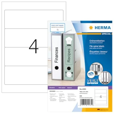 Abbildung von HERMA 4284 Ordnerrücken Etiketten kurz breit, 100 Blatt, 192 x 61 mm, 4 pro A4 Bogen, 400 Stück, selbstklebend, bedruckbar, blickdicht, blanko Papier Ordneretiketten Rückenschilder Aufkleber, weiß