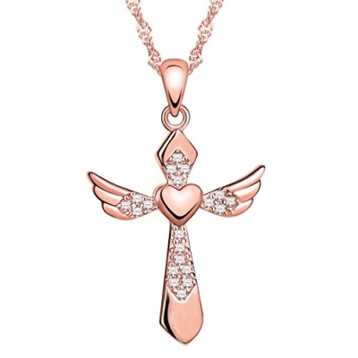 Abbildung von Yumilok Roségold 925 Sterling Silber Zirkonia Herz Engelsflügel Kreuz Anhänger Halskette Kette mit Kreuzkette für Damen Mädchen