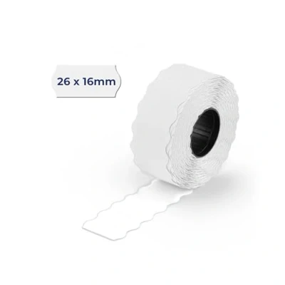 Abbildung von POKORNYS 6600 selbstklebende Etiketten für Preisauszeichner (weiß / 26x16mm) I permanent haftend Kennzeichnung zweizeilig Preisetiketten Handauszeichner mit Wellenrand ​