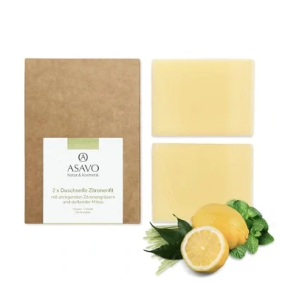 Abbildung von ASAVO Premium Naturseife Zitronenfit BIO, handgemachte Seife mit Bio Karitébutter, dem Duft von Zitronengras &amp; Minze, vegan, 2x95g
