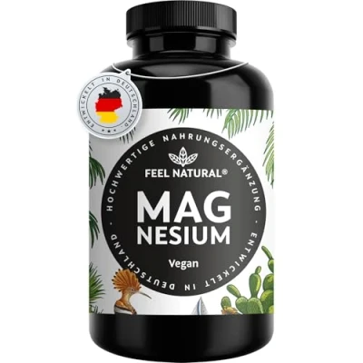 Abbildung von Magnesium Kapseln 365 Stück (1 Jahr). 664mg je Kapsel, davon 400mg ELEMENTARES (reines) höherer Gehalt als Magnesiumcitrat. Laborgeprüft, hochdosiert. Vegan