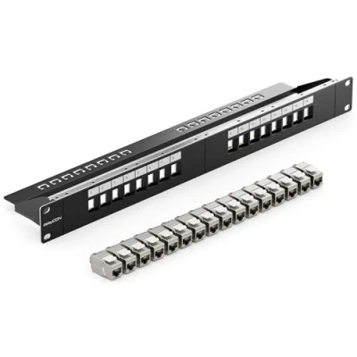 Abbildung von deleyCON 16 Port Patchpanel Set Patchfeld Modular 1 HE 19&quot; Zoll Rackeinbau + 16x RJ45 Keystone Module CAT6a Kompatibel mit CAT5 CAT6 CAT7 LAN Netzwerkkabel Verlegekabel Schwarz