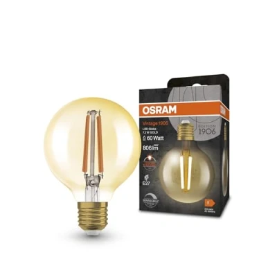 Abbildung von OSRAM Vintage 1906® Classic GLOBE80 FIL 60 LED Lampe mit Sockel 27, dimmbar, Kugelform, gold, 7,2W, 806lm, 2400K, reduziertes warmweißes Licht, geringer Energieverbrauch, lange Lebensdauer