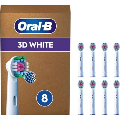 Abbildung von Oral B 3D White elektrische Zahnbürstenköpfe, Packung mit 8 Ersatzbürstenköpfen, Aufheller, exklusiver Polierschale zum Entfernen von oberflächlichen Flecken, geeignet für Briefschlitz