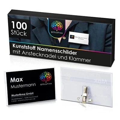Abbildung von OfficeTree 100 x Namensschilder für Kleidung Clip und Anstecknadel integriert Kunststoff Namensschild Visitenkarten Namenschilderhülle Transparent