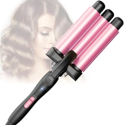 Abbildung von Lockenstab 3 Fässer Beach Waves Welleneisen Einstellbar Schnell Eerhitzendes für Langes Kurzes Haar