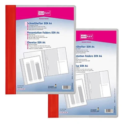 Abbildung von VELOFLEX A474102 Schnellhefter VELOFORM, 2 Stück, DIN A4, hellrot, PVC, glasklarer Vorderdeckel, passend für Prospekthüllen