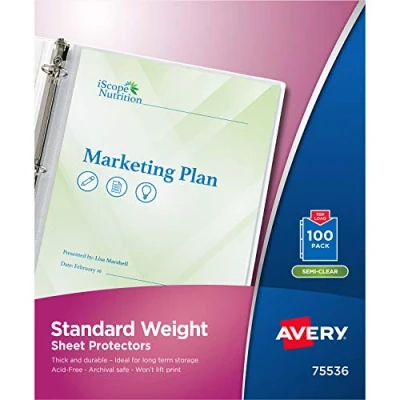 Abbildung von Avery 75536 Halbtransparente Standard Gewichts Schutzfolien, Top Load, 100 Dokumentenschutzfolien