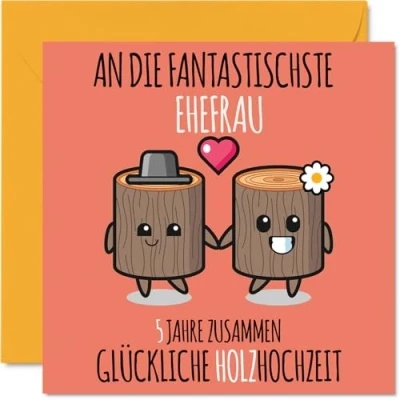 Abbildung von Stuff4 5. Hochzeitstag Karte Liebe 5 Jahre Zusammen Holz Hochzeit Jahrestag Geschenke für Ehefrau Frau vom Ehemann Mann, 145mm Glückwunschkarten