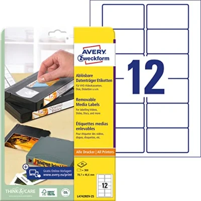 Abbildung von AVERY Zweckform L4742REV 25 Aufkleber für VHS Videokassetten (300 Etiketten, 78,7x46,6mm auf A4, bedruckbar, selbstklebend, wiederablösbar, Vorderseite von Kassetten) Blatt, weiß