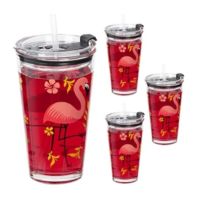 Abbildung von Relaxdays Trinkgläser 4er Set, Flamingo Motiv, Deckel &amp; Strohhalm, 450 ml, Glasbecher Kinder, Smoothieglas, transparent