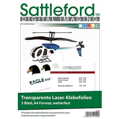 Abbildung von Sattleford Bedruckbare Folie: 5 Klebefolien A4 für Laserdrucker transparent (Folie Laserdrucker, Transparente Folie bedrucken Laser, selbstklebend wetterfest)