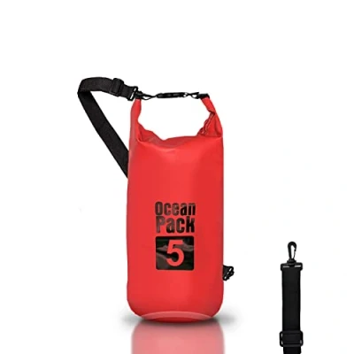 Abbildung von Dry Bag wasserdichte Tasche Meer 5L 10L 20L mit verstellbarem Schultergurt, Waterproof trockener Beutel/Sack, Kayaking Boots Ausflug Kanu/Fischen/Rafting/Snowboarding (Rot, 5l)