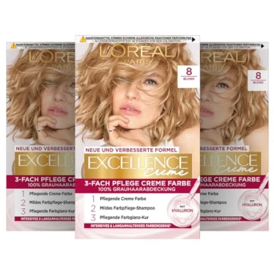 Abbildung von L&#039;Oréal Paris Permanente Haarfarbe, 100% Grauhaarabdeckung, Haarfärbeset mit Coloration, Shampoo und 3 Fach Pflege Creme Farbe, Excellence Creme, 8 Blond, x 268 g